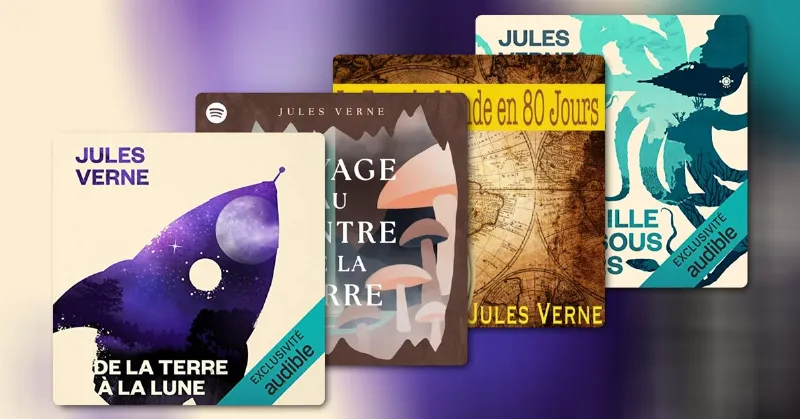 Un sous-marin imaginaire et des machines volantes futuristes inspirées des récits de Jules Verne, symbolisant le progrès et l'exploration.